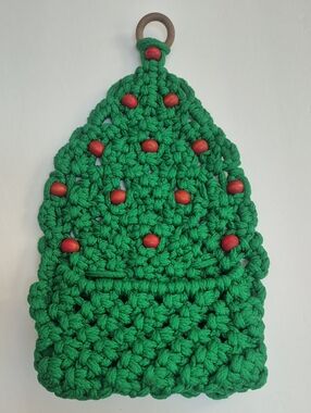 Vintage Handmade Crochet Pocket holder Christmas Tree Wood beads Kitchy Shabby